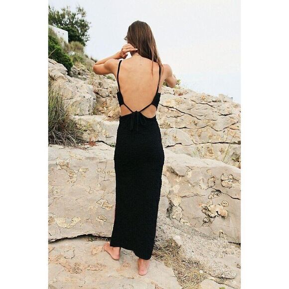 NWT FREE PEOPLE Sz M ZA ZA MIDI DRESS SMOCKED OPEN BACK MAXI IN BLACK - Picture 2 of 3